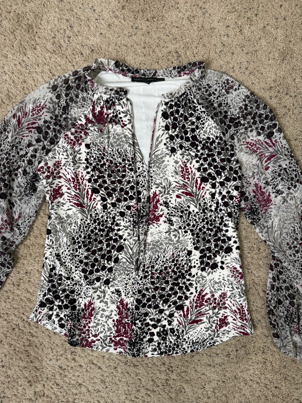 WHBM Floral Print Long-Sleeve Blouse in White, Black & Burgundy M